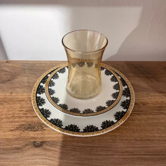 Kesme Desenli Çay Bardağı Takımı | Çiçek Bordürlü Çay Seti