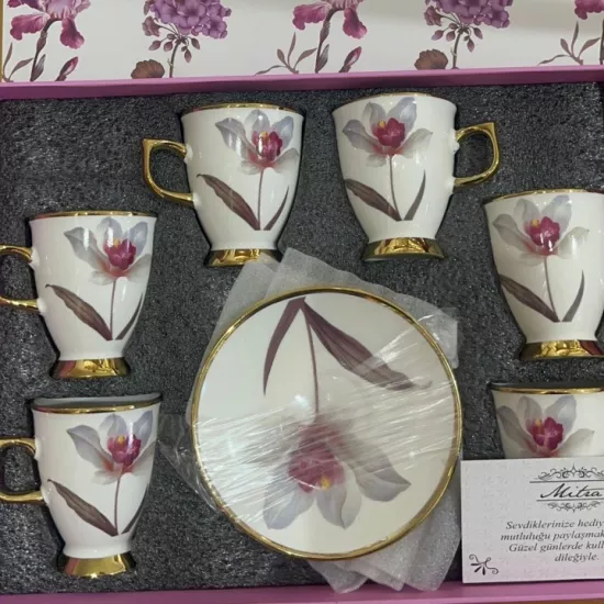 Pembe Çiçek Desenli Kutulu Fincan Takımı | Hediyelik Kahve Seti