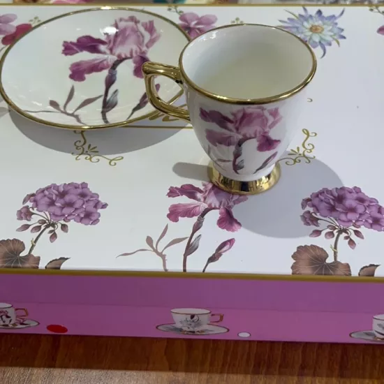 Mor Orkide Desenli Kutulu Fincan Takımı | Hediyelik Kahve Seti