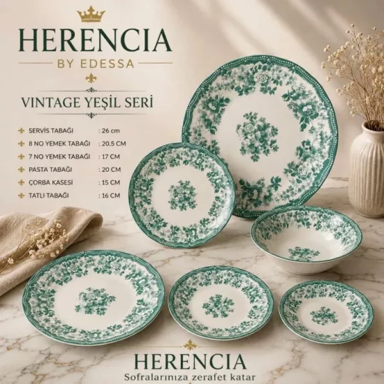 Herencia Vintage Yeşil Seri Sofra Takımı Modelleri | Porselen Tabak Seti