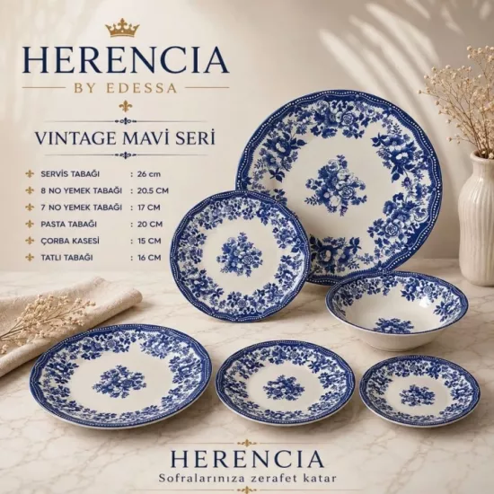 Herencia Vintage Mavi Seri Sofra Takımı Modelleri | Porselen Tabak Seti