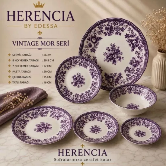 Herencia Vintage Mor Seri Sofra Takımı Modelleri | Porselen Tabak Seti