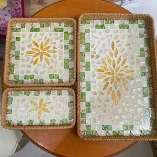 Hasır Kenarlı Tepsi Seti Modelleri | Sarı Beyaz Çiçek Desenli