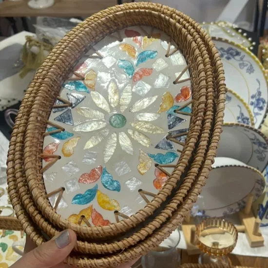 Renkli Çiçek Mozaik Desenli Oval Hasır Kenarlı Tepsi Modelleri ve Fiyatları | Hasır Kenarlı Dekoratif Tepsi