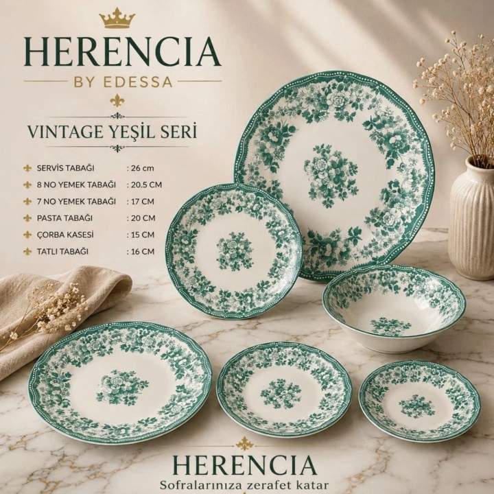 Herencia Vintage Yeşil Seri Porselen Sofra Takımı