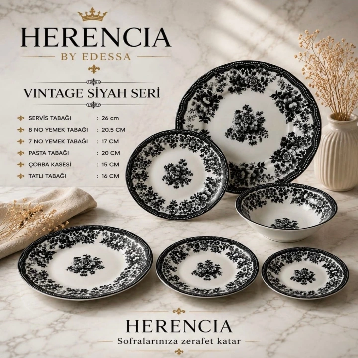 Herencia Vintage Siyah Seri Porselen Sofra Takımı