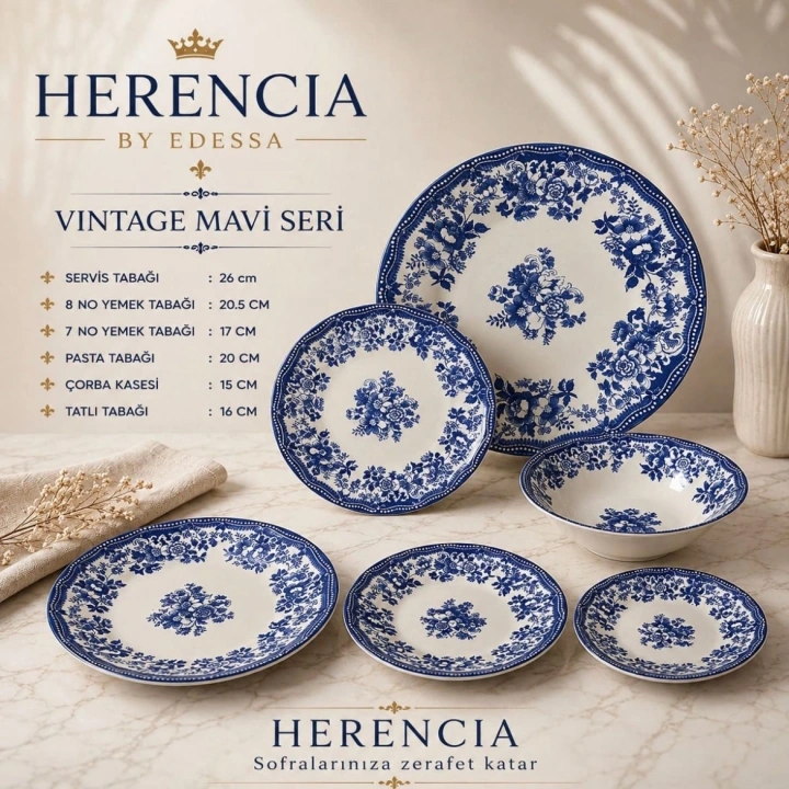 Herencia Vintage Mavi Seri Porselen Sofra Takımı